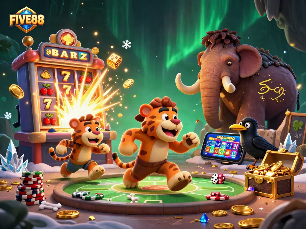 Experience the thrill of FIVE88 with a playful caveman, sabertooth tiger, and a clever crow in a vibrant and rich casino scene.