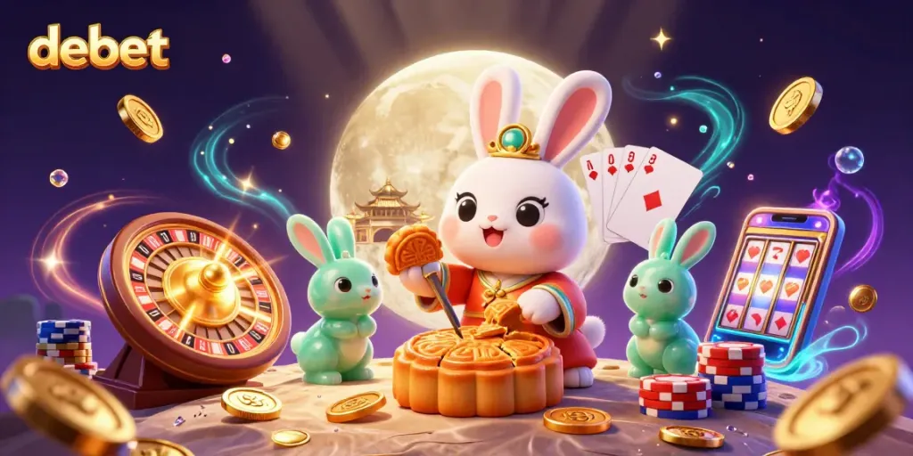 Experience the vibrant universe of debet with moon rabbit characters, casino games, and dazzling elements.