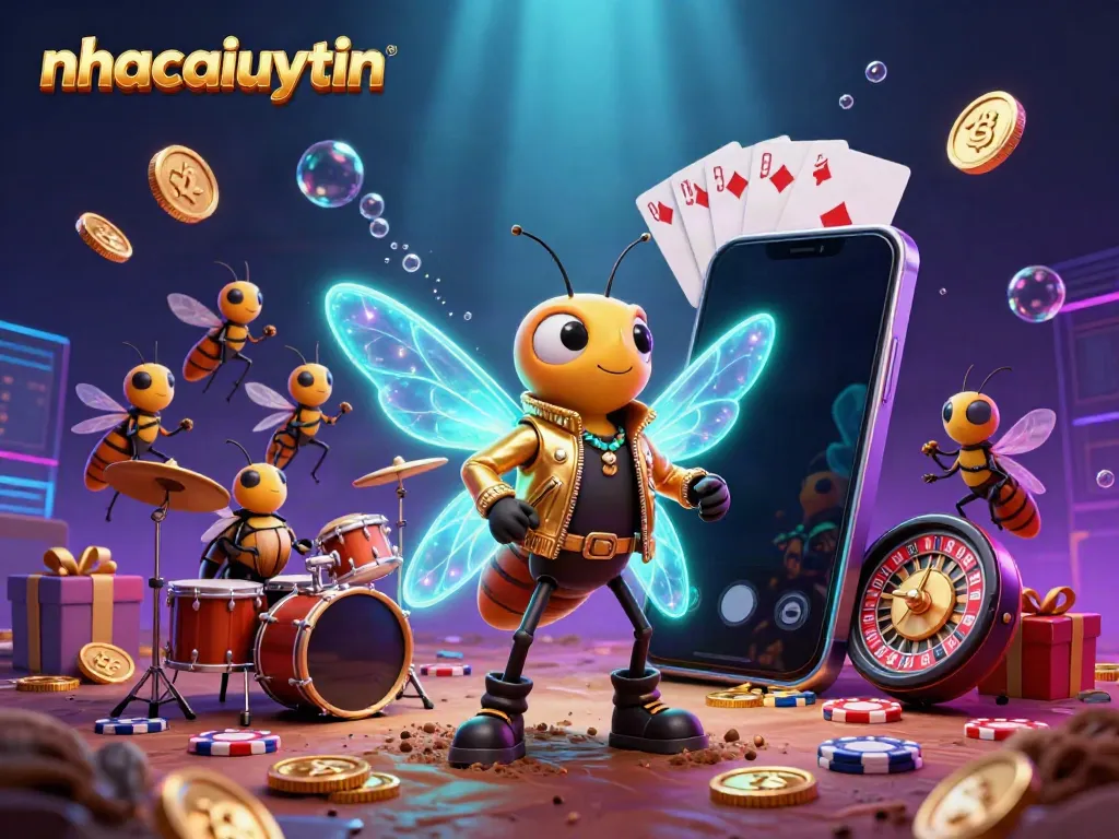 Experience thrilling casino action with nhacaiuytin, as a cicada rock star and friends perform amidst colorful slot games.