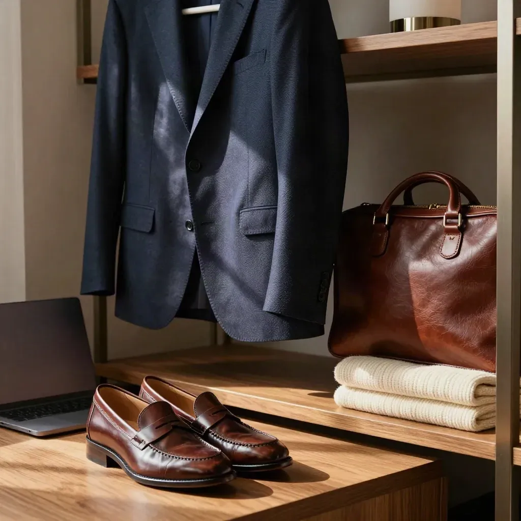 Blazer, mocassini lucidi e laptop chiuso in un angolo guardaroba, luce calda del mattino.