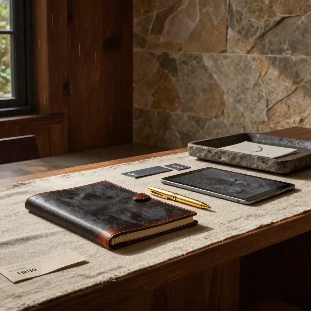Salotto di mentoring con folio in pelle, penna in ottone e tablet su legno scuro dopo la pioggia.
