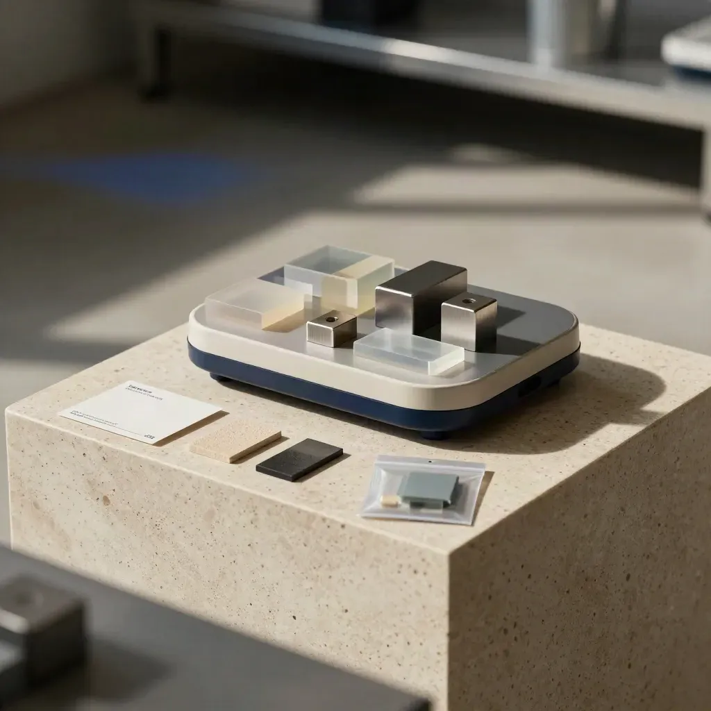 Prototipo startup su piedistallo con campioni materiali e busta sigillata in laboratorio