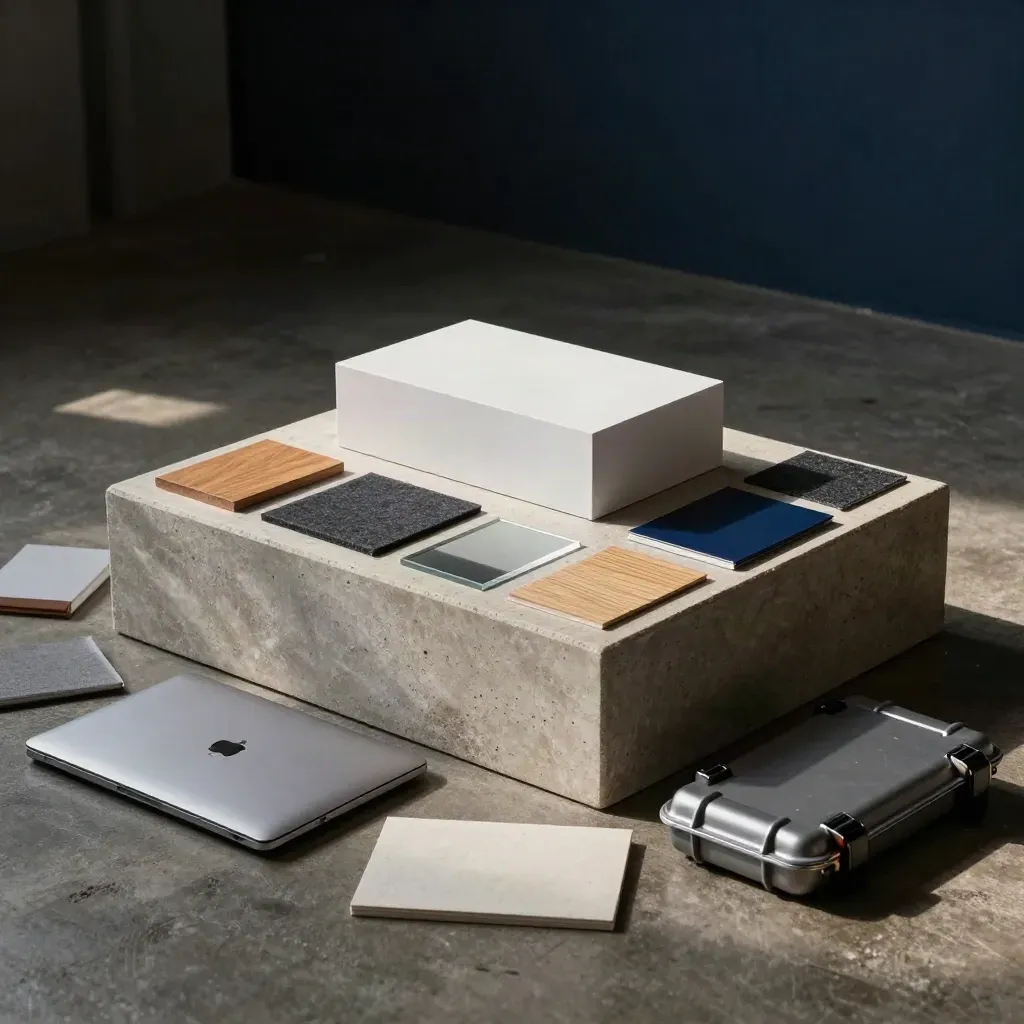Prototipo pitch su piedistallo con laptop chiuso e due custodie, in una stanza scura illuminata