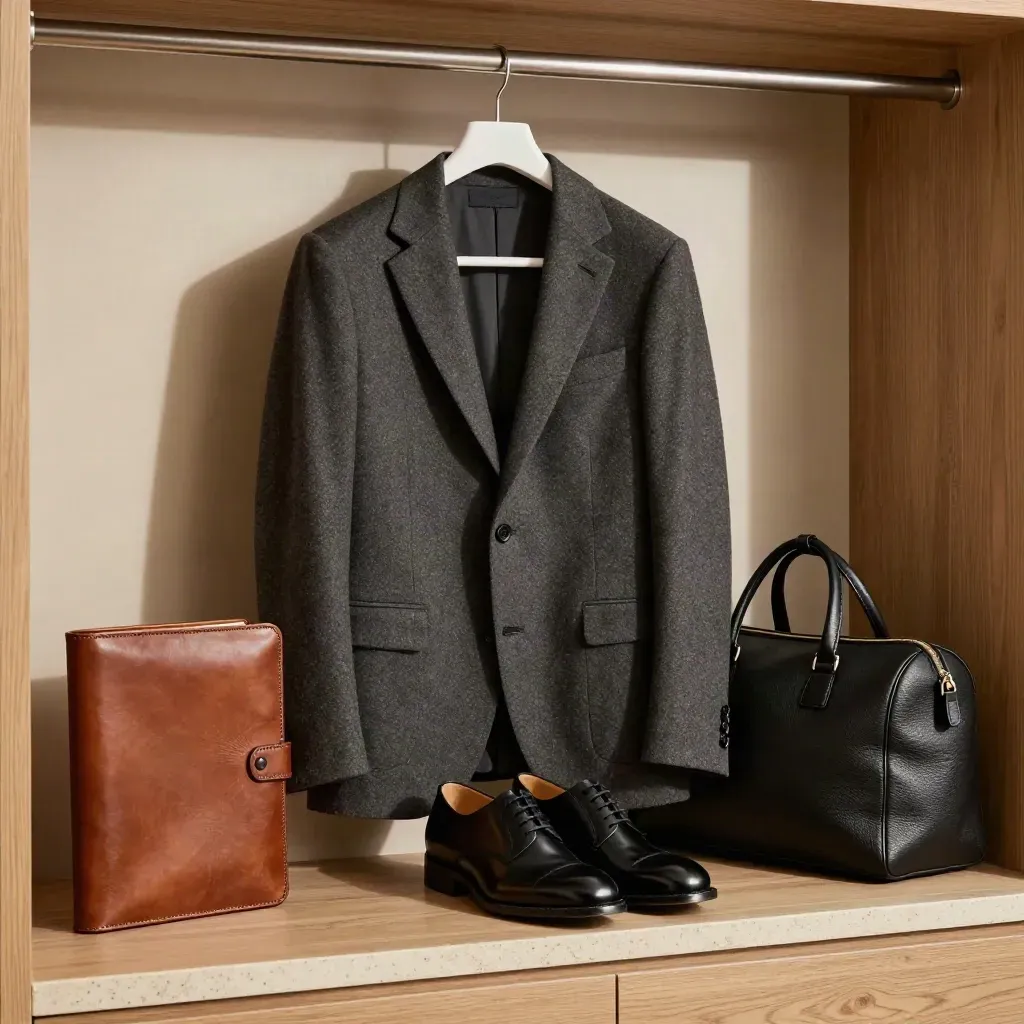 Blazer sartoriale, portfolio in pelle, scarpe lucide e borsa da viaggio in un armadio elegante.