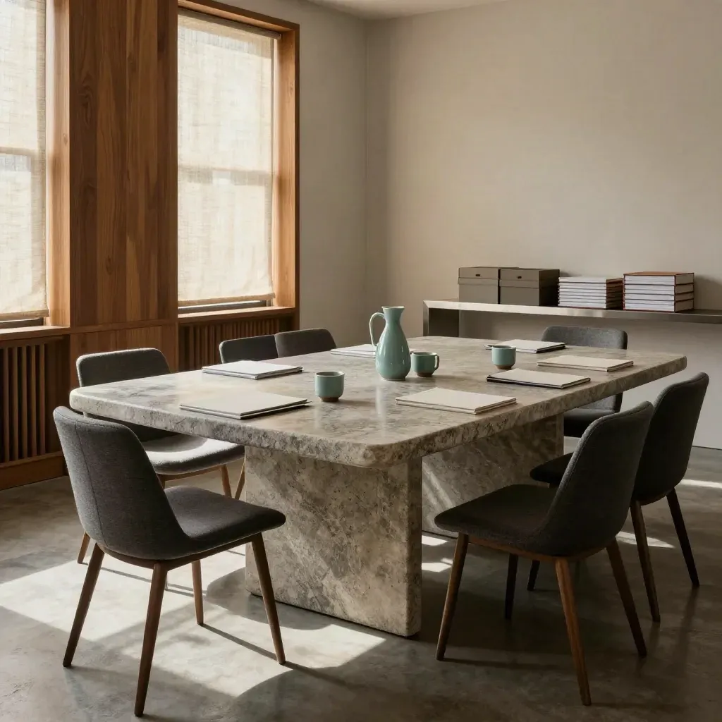 Sala riunioni vuota con tavolo in pietra, sedie allineate, cartelle ordinate e luce calda naturale.