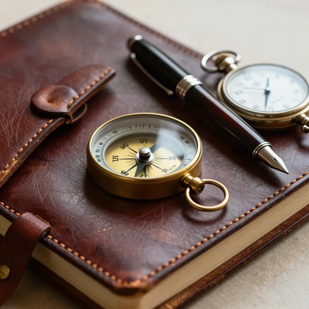 Taccuino in pelle, bussola in ottone, stilografica e orologio da tasca su legno scuro.