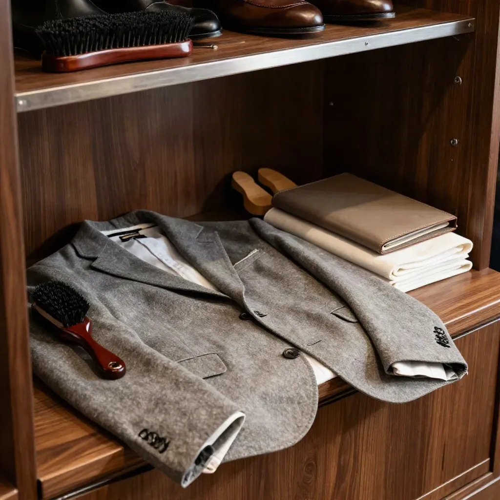 Kit di career coaching con blazer, spazzola, forme per scarpe e portfolio su banco in legno.
