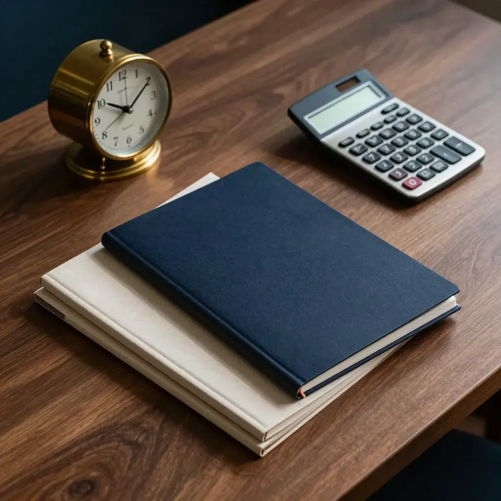 Scrivania ordinata con taccuini, orologio in ottone, calcolatrice e cartella chiusa.