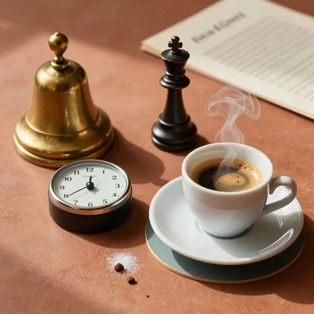 Bicchiere di espresso, campanella in ottone, timer e regina degli scacchi su tavolo terracotta.
