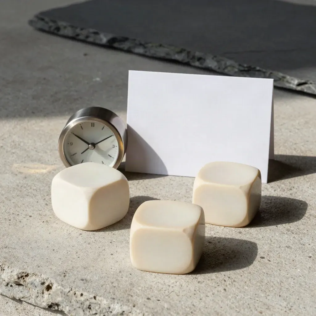 Token in ceramica, orologio e lavagnetta slate su superficie di pietra, in stile ordinato.