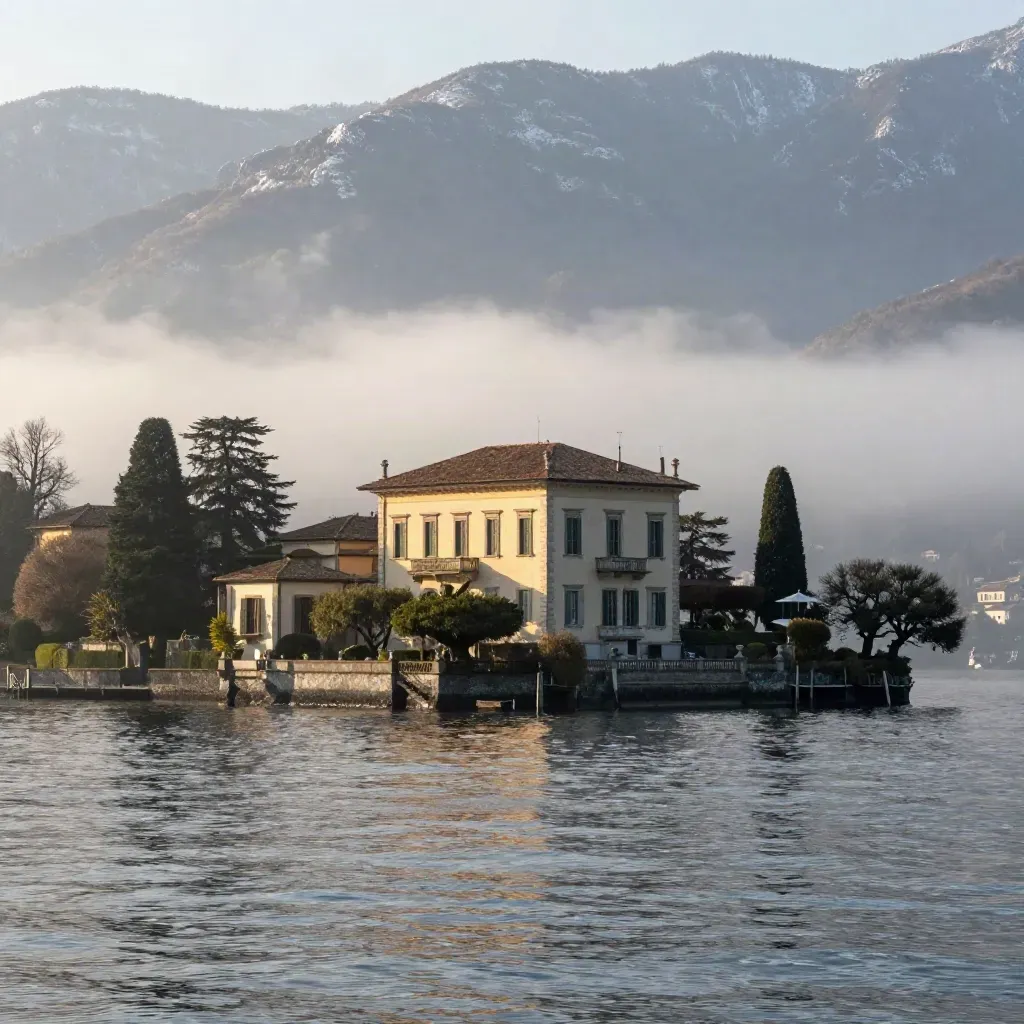 Lago di Como con villa storica in alto, montagne sullo sfondo e nebbia luminosa.
