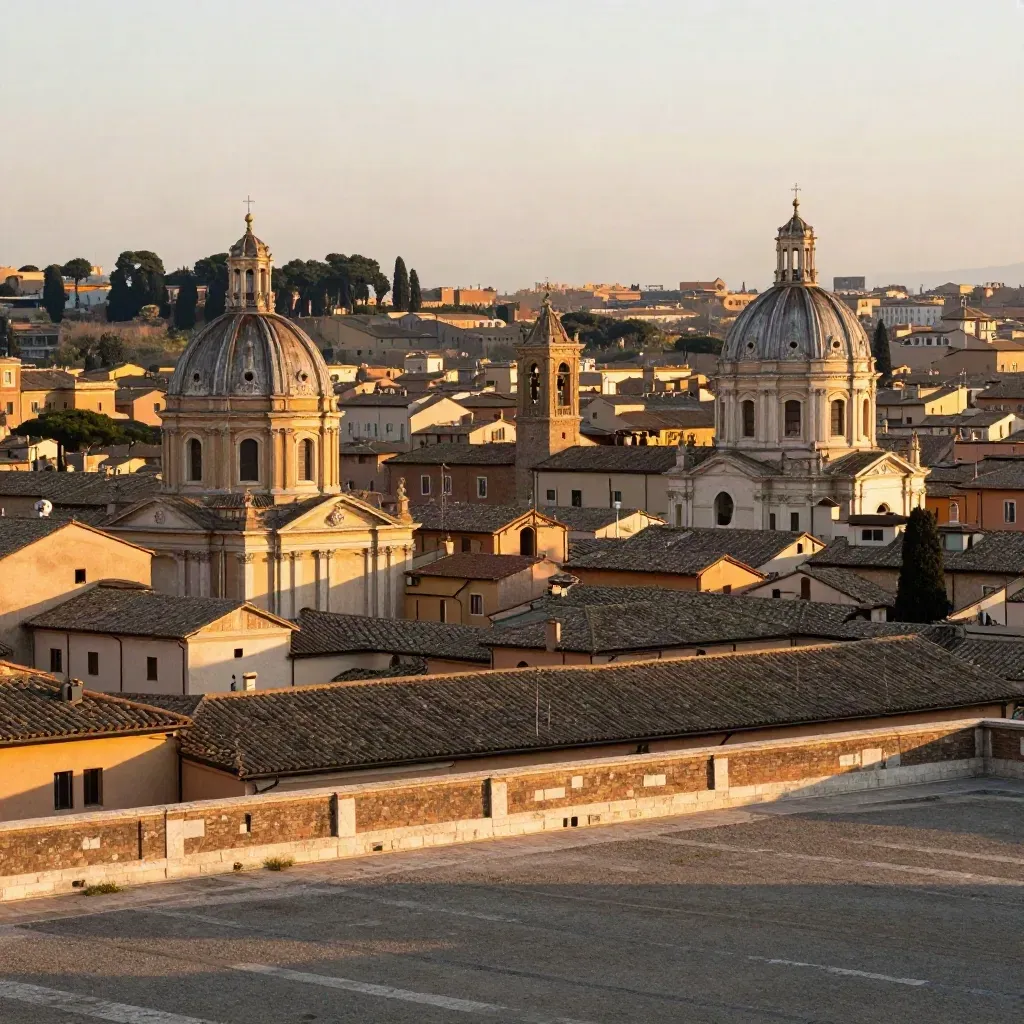 Veduta dorata del Lazio con cupole romane e tetti in terracotta sotto foschia calda.