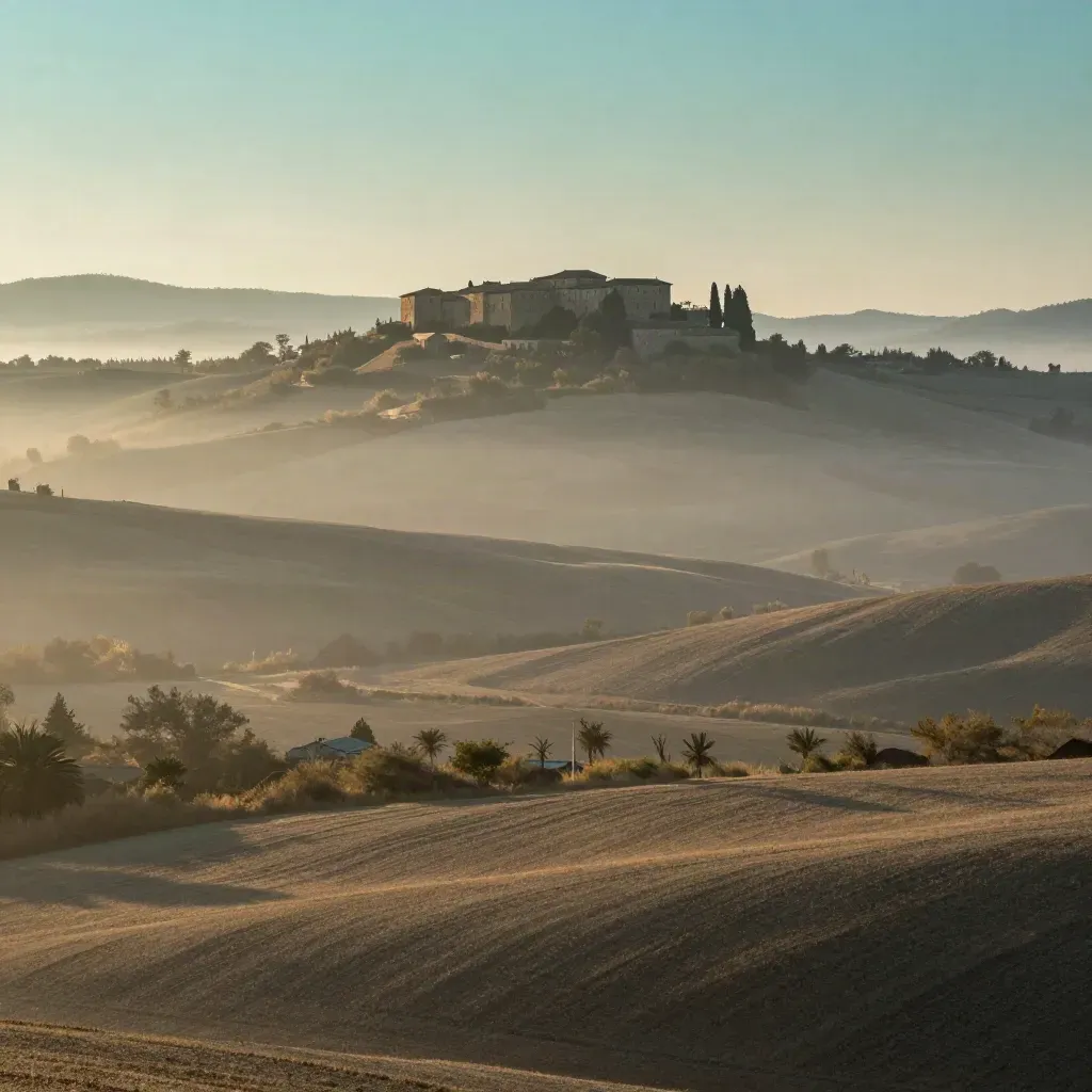 Pianura dell’Emilia-Romagna all’alba con borgo in collina e nebbia morbida.