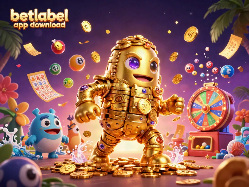Engage with the betlabel app download, featuring a dynamic scene of a golden golem amid colorful lottery elements.