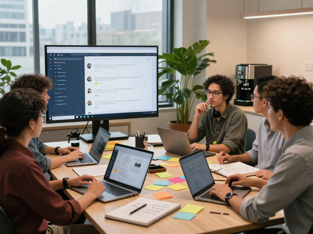 Dynamic team collaboration discussing juicy chat ai features in a modern workspace