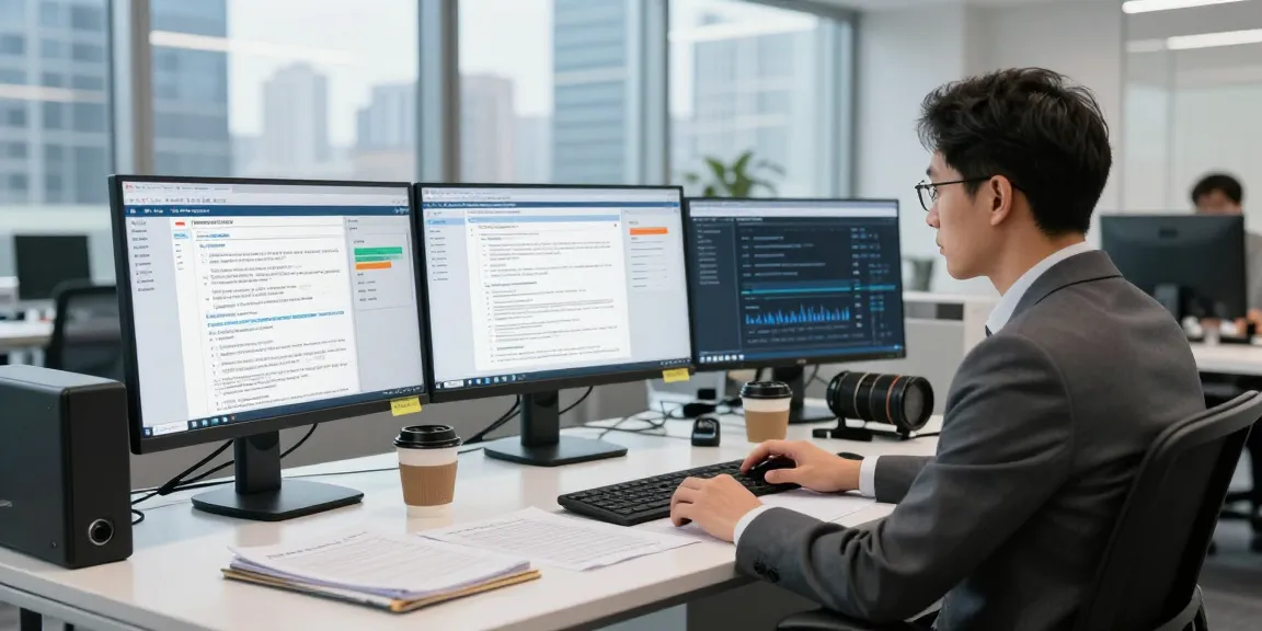Business professional engaged in document fraud detection, analyzing software tools with multiple monitors in a modern office.