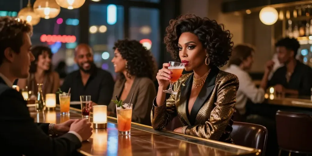 Nightlife scene featuring קוקסינליות enjoying cocktails in an upscale bar.