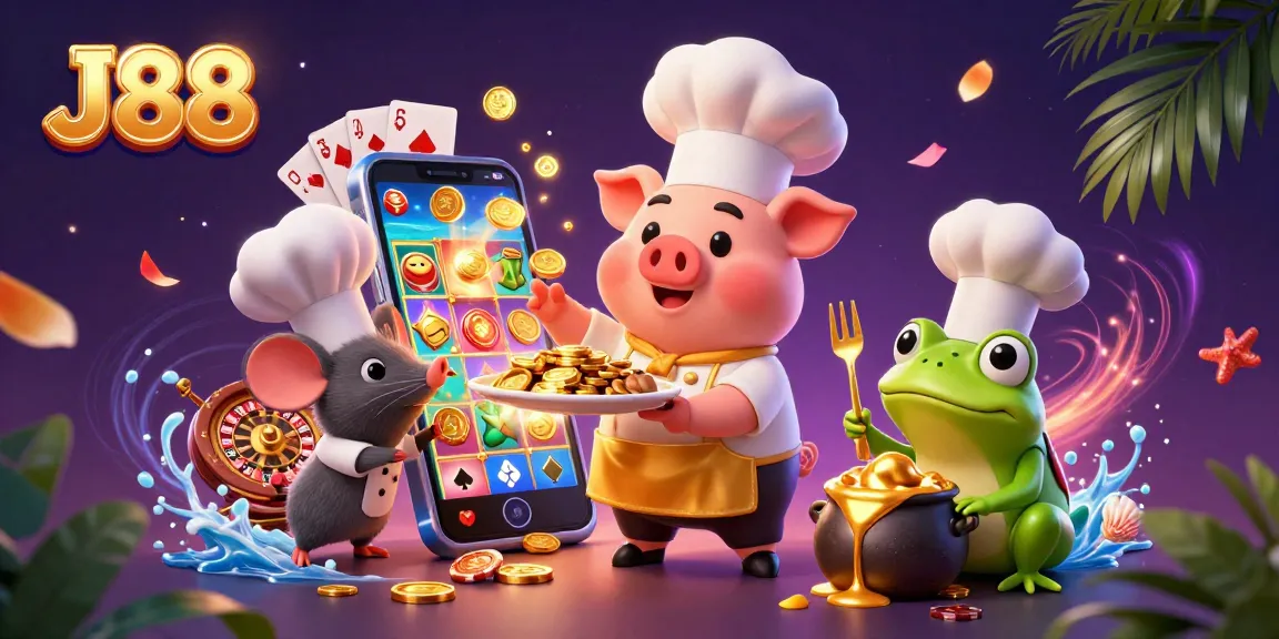 Win big with J88 through vibrant casino adventures in a lively 3D scene featuring charming characters.