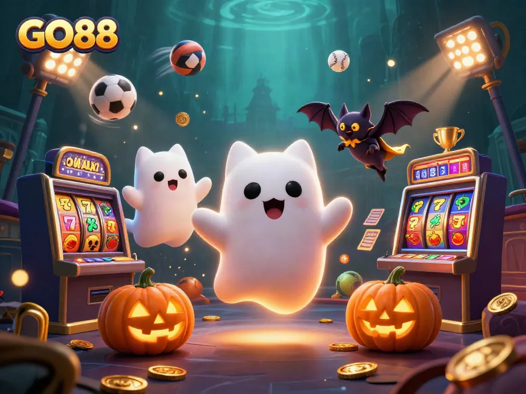 Win big with GO88 in a vibrant haunted casino scene showcasing slot games and dynamic sports elements.